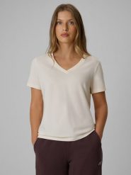 4F T-shirt regular gładki damski - kremowy XS. Białe t-shirty 4f, xs, bez wzorów, z bawełny, bez kołnierzyka, bez ramiączek. Za 59.99 zł.