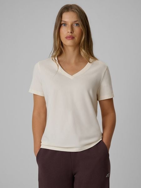 4F T-shirt regular gładki damski - kremowy XS. Białe t-shirty 4f, xs, bez wzorów, z bawełny, bez kołnierzyka, bez ramiączek. Za 59.99 zł.