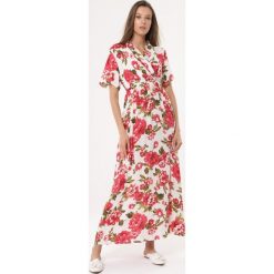 Biała Sukienka Floral Joy. Białe sukienki Born2be, na imprezę, na lato, l, bez wzorów, bez kołnierzyka, bez ramiączek, maxi, kopertowe. Za 69.99 zł.