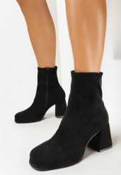 Czarne Botki z Kwadratowym Noskiem na Obcasie Cecilio. Czarne botki Born2be, bez wzorów, bez obcasa, na obcasie, bez zapięcia. Za 149.99 zł.