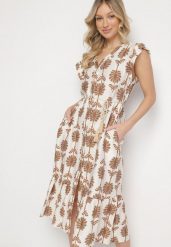 Biało-Beżowa Kwiatowa Sukienka z Bawełną i Falbanką Efanelia. Brązowe sukienki Born2be, na co dzień, na lato, l, bez wzorów, z bawełny, eleganckie, bez kołnierzyka, bez ramiączek, midi, proste. Za 99.99 zł.