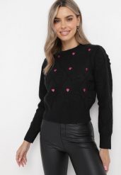 Czarny Sweter o Klasycznym Fasonie z Ozdobnym Haftem Aggela. Czarne swetry Born2be, m, bez wzorów, bez ramiączek. Za 89.99 zł.