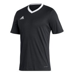 Koszulka do piłki nożnej Adidas Entrada 22. Czarne bluzki Adidas, l, bez wzorów, z tkaniny, sportowe, bez kołnierzyka, bez ramiączek. Za 59.99 zł.