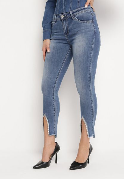 Niebieskie Jeansy Skinny z Koralikami i Rozcięciem na Dole Nogawek Olicema. Niebieskie jeansy Born2be, s, bez wzorów. Za 34.99 zł.