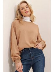Trendyol Bluza w kolorze jasnobrązowym rozmiar: M. Brązowe bluzy Trendyol, m, bez wzorów, z bawełny, bez kaptura. Za 61.95 zł.