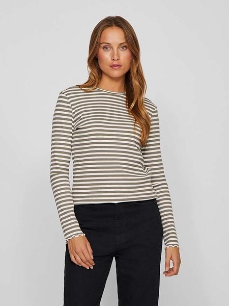 Vila Koszulka w kolorze szarobrązowo-białym rozmiar: L. Brązowe bluzki Vila, l, bez wzorów, z bawełny, bez kołnierzyka, bez ramiączek. Za 65.85 zł.