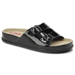 Klapki damskie Big Star, materiał syntetyczny lakierowany z dwoma szerokimi paskami regulowanymi klamrami, czarne, JJ276040. Czarne klapki Big Star, bez wzorów, z lakierowanej skóry, bez obcasa. Za 109.00 zł.