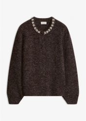 Sweter rozpinany z rękawami bufkami. Brązowe kardigany bonprix, z aplikacjami. Za 149.99 zł.