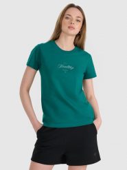 4F T-shirt regular z nadrukiem damski - turkusowy XL. Niebieskie koszulki sportowe 4f, bez wzorów, z bawełny, bez ramiączek. W wyprzedaży za 39.99 zł.