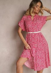 Fuksjowa Koszulowa Sukienka z Bawełny w Kwiaty o Rozkloszowanym Fasonie Sarilon. Czerwone sukienki Renee, na co dzień, l, bez wzorów, z bawełny, eleganckie, bez kołnierzyka, bez ramiączek, midi, koszulowe. Za 44.99 zł.