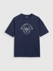 4F T-shirt oversize z nadrukiem damski - granatowa S. Niebieskie koszulki sportowe 4f, bez wzorów, z bawełny, bez ramiączek. Za 59.99 zł.