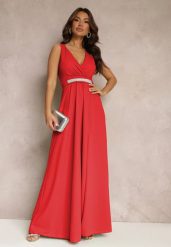 Czerwona Rozkloszowana Sukienka z Wycięciem i Paskiem w Cyrkonie Elineta. Czerwone sukienki Renee, l, bez wzorów, z materiału, eleganckie, bez kołnierzyka, bez ramiączek, maxi, rozkloszowane. Za 99.99 zł.