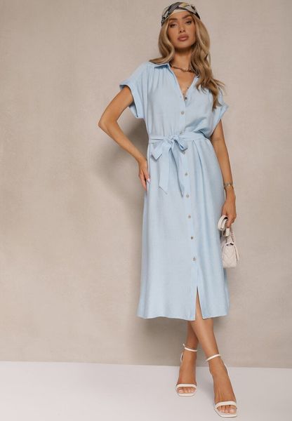 Niebieska Koszulowa Sukienka z Wiskozy Ozdobiona Paskiem Rinalitia. Niebieskie sukienki Renee, na spotkanie biznesowe, na lato, l, bez wzorów, z wiskozy, boho, bez kołnierzyka, bez ramiączek, midi, kopertowe. Za 119.99 zł.