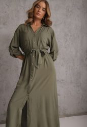 Zielona Koszulowa Sukienka z Bawełny z Wiązanym Paskiem i Podpinanymi Rękawami Cesela. Zielone sukienki Renee, na co dzień, l, bez wzorów, z bawełny, boho, bez kołnierzyka, bez ramiączek, maxi, koszulowe. Za 119.99 zł.