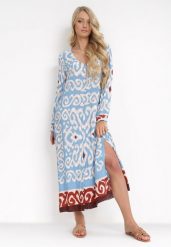 Niebieska Koszulowa Sukienka Maxi z Guzikami i Rozcięciami po Bokach Okotria. Niebieskie sukienki Born2be, na co dzień, l, bez wzorów, eleganckie, bez kołnierzyka, bez ramiączek, maxi, koszulowe. Za 99.99 zł.