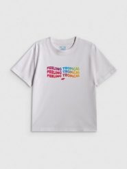 4F T-shirt boxy z nadrukiem damski - biały L. Białe t-shirty 4f, l, bez wzorów, z bawełny, bez kołnierzyka, bez ramiączek. Za 69.99 zł.