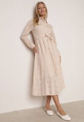 Beżowa Bawełniana Sukienka z Ażurowym Wzorem i Paskiem Noviellea. Brązowe sukienki Born2be, l, z aplikacjami, z bawełny, eleganckie, bez kołnierzyka, bez ramiączek, koszulowe. Za 169.99 zł.