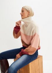 Sweter ze stójką. Brązowe swetry bonprix, bez wzorów, bez ramiączek. Za 147.99 zł.