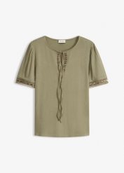 Tunika T-shirtowa z koronkową tasiemką. Niebieskie tuniki bonprix, bez wzorów, z koronki, eleganckie, bez kołnierzyka, bez ramiączek. Za 47.99 zł.