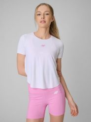 4F Koszulka treningowa regular szybkoschnąca damska - biała XL. Białe koszulki sportowe 4f, bez wzorów, ze skóry, bez ramiączek, na fitness i siłownię. Za 129.99 zł.