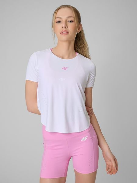 4F Koszulka treningowa regular szybkoschnąca damska - biała XL. Białe koszulki sportowe 4f, bez wzorów, ze skóry, bez ramiączek, na fitness i siłownię. Za 129.99 zł.