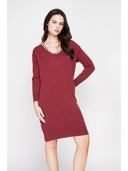 C& Jo Sukienka dzianinowa w kolorze bordowym rozmiar: 42. Czerwone sukienki C& Jo, na co dzień, bez wzorów, z dzianiny, klasyczne, bez kołnierzyka, bez ramiączek, midi, proste. Za 121.99 zł.