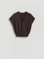 Kardigan z lyocellem - ciemnobrązowy. Brązowe kardigany Reserved, l, bez wzorów, z dzianiny. Za 99.99 zł.