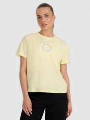 4F T-shirt z nadrukiem damski - żółty XL. Żółte t-shirty 4f, xl, bez wzorów, z bawełny, bez kołnierzyka, bez ramiączek. Za 59.99 zł.
