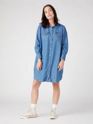 Wrangler Sukienka w kolorze niebieskim rozmiar: S. Niebieskie sukienki Wrangler, na co dzień, s, bez wzorów, z bawełny, bez kołnierzyka, bez ramiączek, midi, proste. Za 92.64 zł.