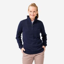 Sweter do golfa damski wiatroszczelny MW500 z wysokim kołnierzem. Niebieskie golfy INESIS, m, bez wzorów, z bawełny, bez ramiączek. Za 199.99 zł.