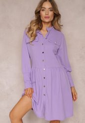 Fioletowa Sukienka Mini z Kołnierzem i Ozdobnymi Klapami Zylana. Fioletowe sukienki Renee, na co dzień, bez wzorów, eleganckie, bez kołnierzyka, bez ramiączek, mini, koszulowe. Za 79.99 zł.