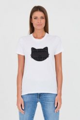 KARL LAGERFELD Biały damski t-shirt Boucle Choupette, Rozmiar XS. Białe t-shirty KARL LAGERFELD, s, bez wzorów, z bawełny, bez kołnierzyka, bez ramiączek. W wyprzedaży za 299.99 zł.