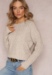 Jasnobeżowy Sweter z Okrągłym Dekoltem i Splotem w Warkocze Dawnittta. Brązowe swetry Renee, bez wzorów, z dzianiny, bez ramiączek. Za 64.99 zł.