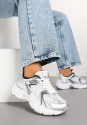 Biało-Srebrne Sneakersy na Grubej Podeszwie z Cholewką z Siateczką Zollexia. Białe obuwie sportowe Renee, na lato, z jeansu, bez zapięcia. Za 79.99 zł.