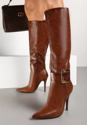 Brązowe Kozaki na Szpilce Ozdobione Klamrą Innadora. Brązowe kozaki Born2be, z jeansu, bez obcasa, na obcasie, bez zapięcia. Za 179.99 zł.