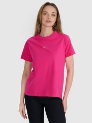 4F T-shirt oversize z nadrukiem damski - różowy M. Czerwone t-shirty 4f, l, bez wzorów, z bawełny, bez kołnierzyka, bez ramiączek. W wyprzedaży za 49.99 zł.