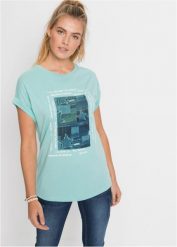 T-shirt z miękkiego materiału z domieszką wiskozy. Niebieskie t-shirty bonprix, bez wzorów, z wiskozy, bez kołnierzyka, bez ramiączek. Za 52.99 zł.
