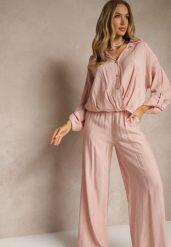 Różowy Komplet z Wiskozy w Stylu Oversize Szerokie Spodnie i Luźna Koszula na Guziki Natinne. Czerwone koszule Renee, bez wzorów, z wiskozy, biznesowe, bez kołnierzyka, bez ramiączek. Za 179.99 zł.
