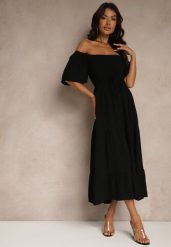 Czarna Wiskozowa Sukienka z Lnem o Rozkloszowanym Kroju Koloreia. Czarne sukienki Renee, na co dzień, na lato, m, bez wzorów, z wiskozy, eleganckie, bez kołnierzyka, bez ramiączek, midi, rozkloszowane. Za 89.99 zł.