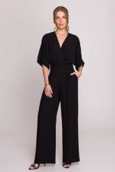 Elegancki kombinezon damski z kopertowym dekoltem czarny. Czarne sukienki Stylove, do pracy, l, bez wzorów, z poliesteru, biznesowe, bez kołnierzyka, bez ramiączek, mini, dopasowane. Za 449.00 zł.