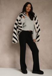 Czarne Szerokie Spodnie z Wełną High Waist z Prążkowanego Materiału Reinna. Czarne spodnie materiałowe Renee, na co dzień, bez wzorów, z jeansu, z podwyższonym stanem. Za 69.99 zł.