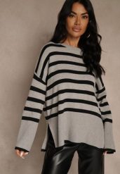 Szaro-Czarny Sweter Oversize w Paski Kalitusa. Czarne swetry Renee, bez wzorów, z jeansu, bez ramiączek. Za 64.99 zł.