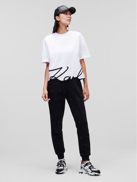 KARL LAGERFELD T-Shirt Signature Hem 226W1703 Biały Relaxed Fit. Białe t-shirty KARL LAGERFELD, xs, bez wzorów, z bawełny, bez kołnierzyka, bez ramiączek. Za 299.99 zł.