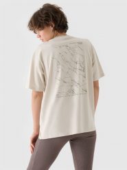 4F T-shirt oversize z nadrukiem damski - beżowy S. Brązowe t-shirty 4f, s, bez wzorów, z bawełny, bez kołnierzyka, bez ramiączek. W wyprzedaży za 29.99 zł.