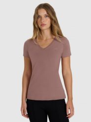 4F T-shirt slim gładki damski - beżowy XL. Brązowe t-shirty 4f, xl, bez wzorów, ze skóry, bez kołnierzyka, bez ramiączek. Za 59.99 zł.