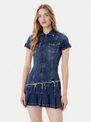 Guess Sukienka jeansowa W5YK71 D4H1D Niebieski Regular Fit. Niebieskie sukienki Guess, xxl, z aplikacjami, z bawełny, bez kołnierzyka, bez ramiączek. Za 759.99 zł.