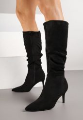 Czarne Kozaki z Imitacji Zamszu na Szpilce z Marszczoną Cholewką Rilareia. Czarne kozaki Born2be, z jeansu, bez obcasa, na obcasie, bez zapięcia. Za 159.99 zł.