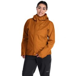 Kurtka przeciwdeszczowa damska Rab Downpour Eco Jacket z kapturem. Żółte kurtki sportowe RAB, bez wzorów, z kapturem, trekkingowe. Za 486.99 zł.