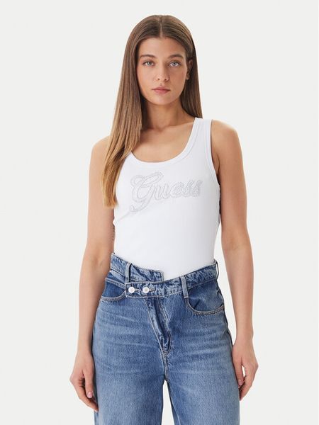Guess Top W6GP22 K2954 Biały Regular Fit. Białe topy Guess, m, z aplikacjami, z syntetyku, bez kołnierzyka, bez ramiączek. Za 88.00 zł.