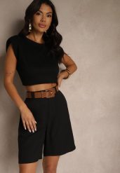 Czarne Szorty z Wiskozą w Eleganckim Stylu z Paskiem z Klamrą Aravene. Czarne szorty Renee, bez wzorów, z materiału, eleganckie, z podwyższonym stanem. Za 99.99 zł.